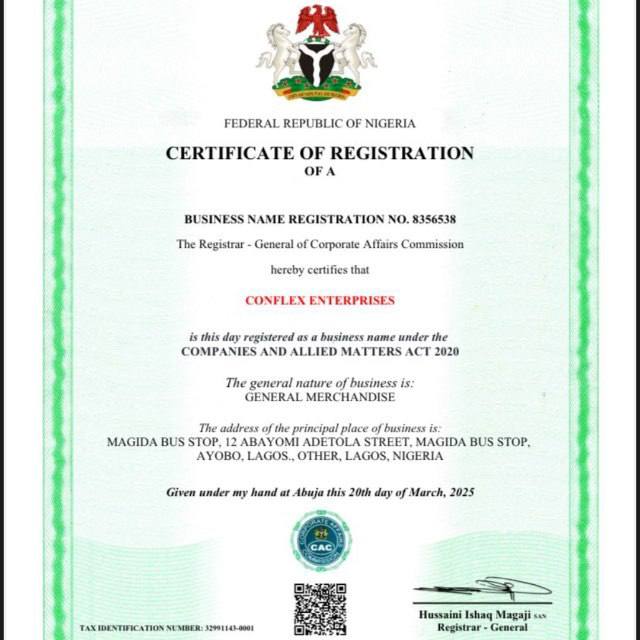 CONFLEX ENTERPRISES Certificate of Registration issued by the Corporate Affairs Commission, Federal Republic of Nigeria