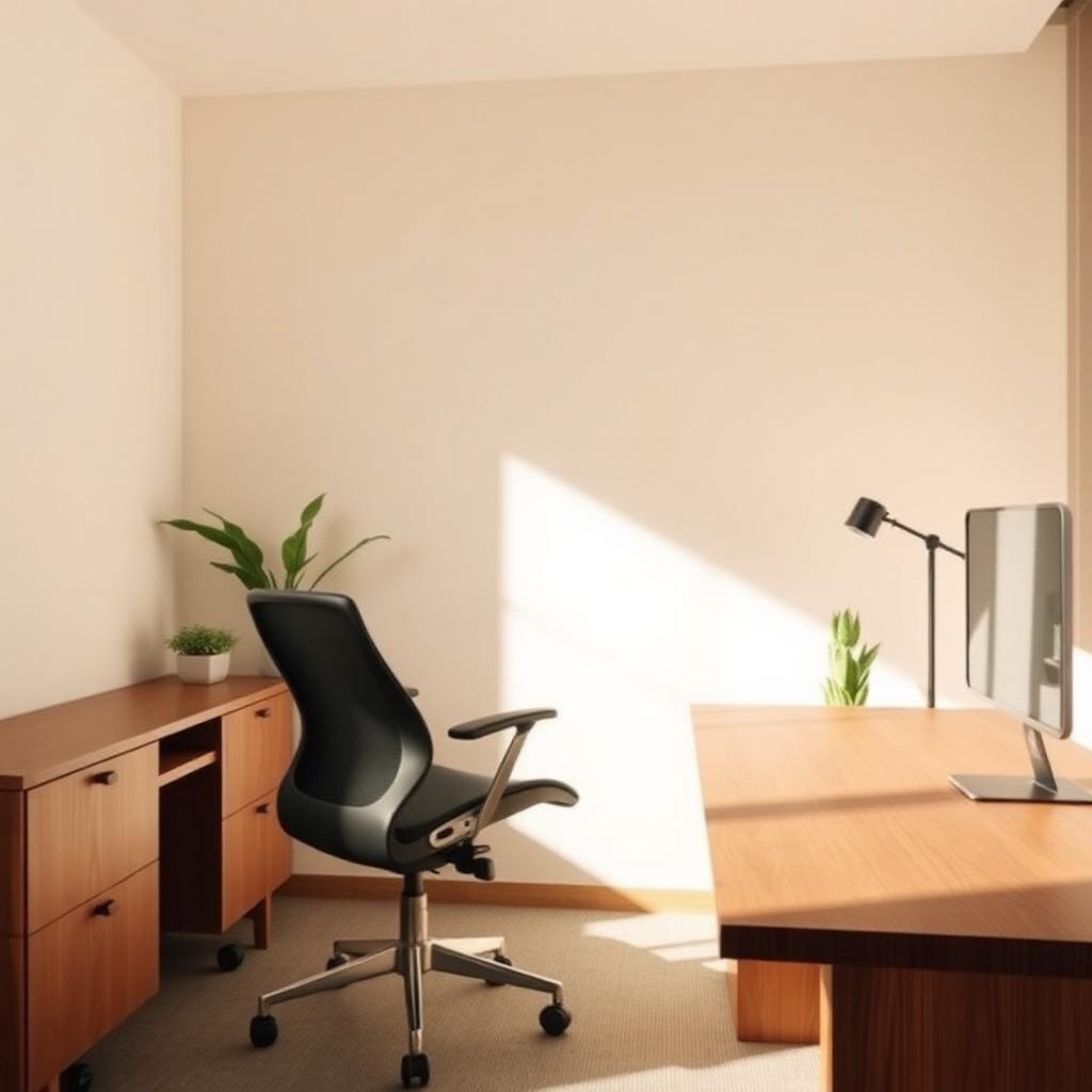 Modern minimalist Nigerian office with an ergonomic executive chair and solid wood desk